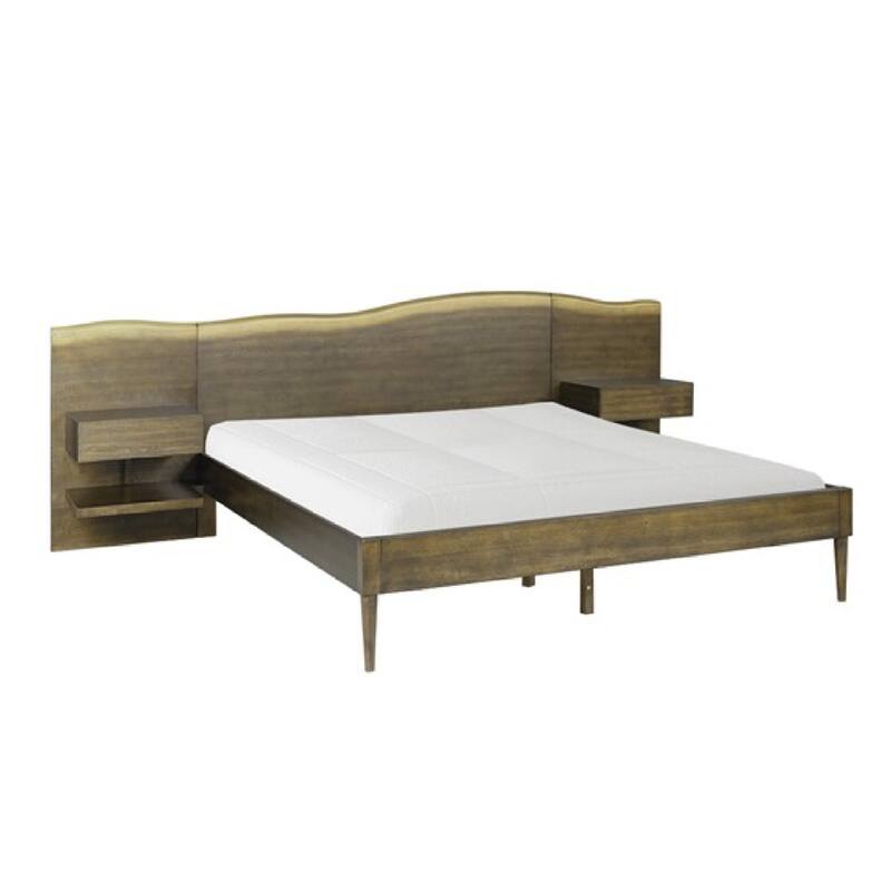 Roomfitters Live Edge Platform Bed Frame, Queen Wood Suite with Two Built-in Side Tables and Slats, Dark Brown