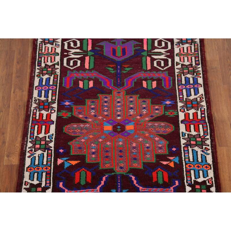 Wine Red Tribal Anatolian Turkish Runner Rug Hand-Knotted Wool Carpet - 3'7"x 14'1"