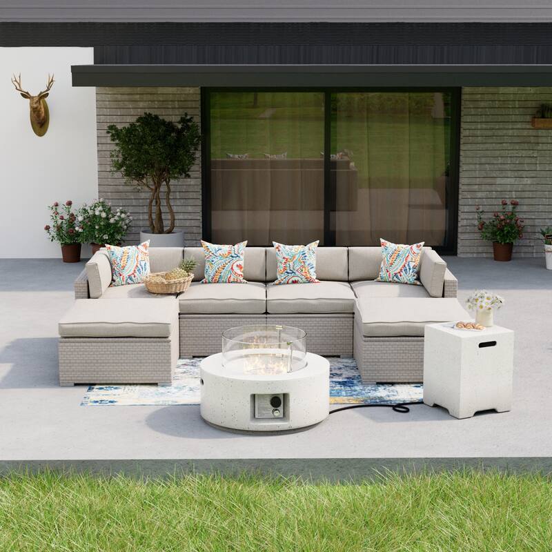 COSIEST 7-Piece Outdoor Sofa Setional Set With Fire Pit Table - Grey+Wihte Fire Pit