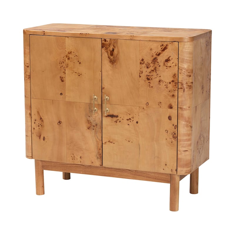 Latika Real Burl Wood Storage Cabinet in Dark Walnut Brown - Modern Accent Cupboard with Double Doors and Brass Handles - Brown