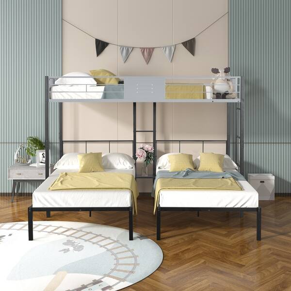 slide 2 of 20, Triple Bunk Bed with Vent Board/ Sturdy Metal Frame/ Noise-Free Wood Slats/ Separatable into 3 Beds Black+Gray