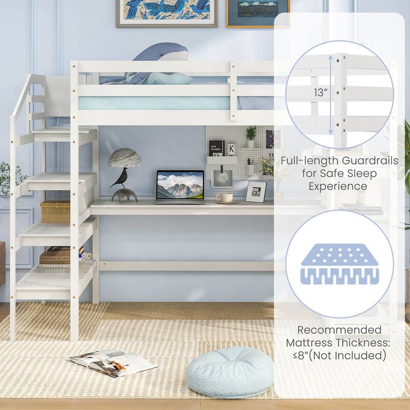 Gymax Twin Size Loft Bed w/ Desk & Storage Stairs Solid Wood Loft Bed