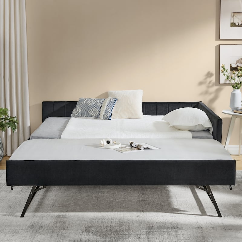 Full Size Upholstered Daybed with Trundle Bed, Velvet Fabric Tufted Sofa Bed Frame with Comfortable Backrest and Armrests