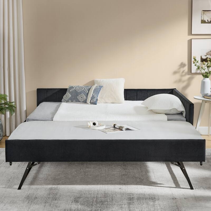 Roomfitters Full Velvet Daybed with Trundle, Upholstered Sofa Bed Frame with Backrest and Armrests, Black