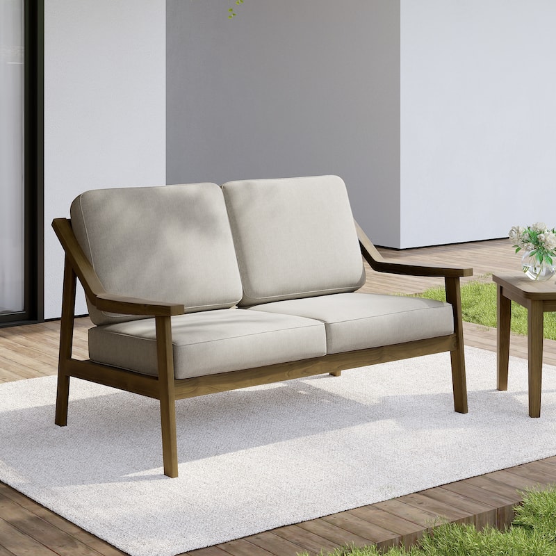 Outdoor Wood Teak Patio 2 Seater Loveseat with Cushion - Natural Wood - Light Camel