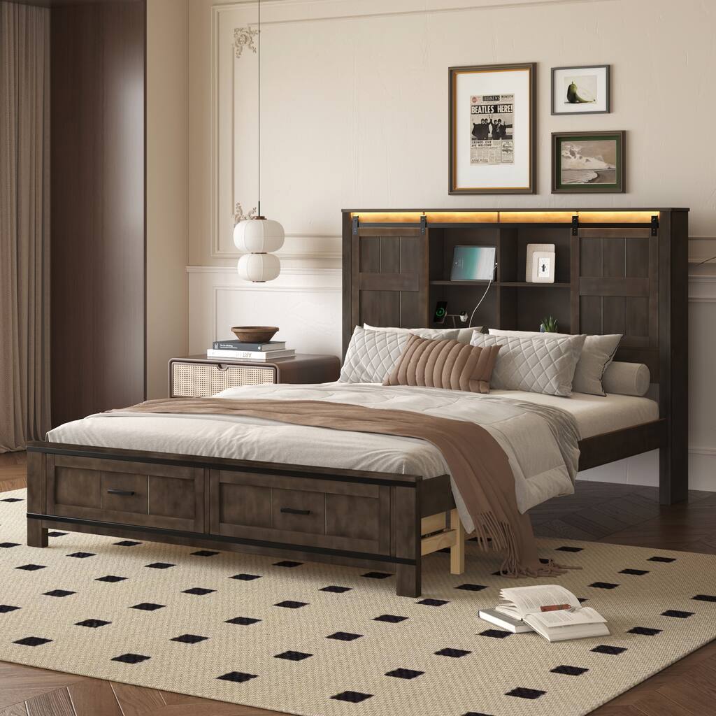 Queen Wood Platform Bed with 8 Shelves, 2 Drawers, Barn Door LED Design & USB