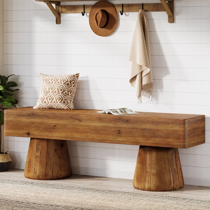 Solid Wood Entryway Shoe Bench, 47” Rustic End of Bed Bench