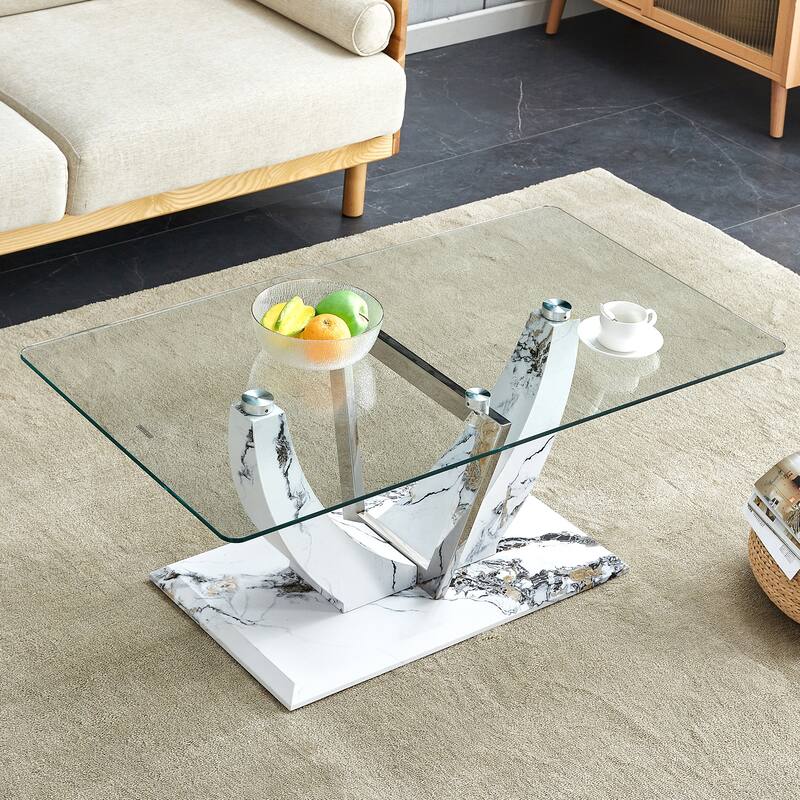 Modern minimalist transparent tempered glass coffee table with marble patterned MDF legs stainless steel decorative columns