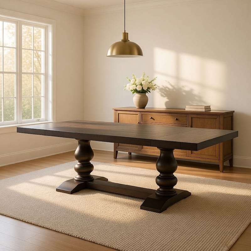 95-123 Inch Dining Table, 2 Extension Leaves, Turned, Antique Black Wood