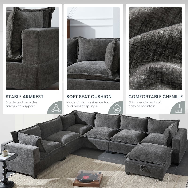 Modular Sectional Sofa With Movable Storage Ottoman,7 Seat U Shaped Couch,Wide Seat & Free Combination,Oversized Chenille Sofa