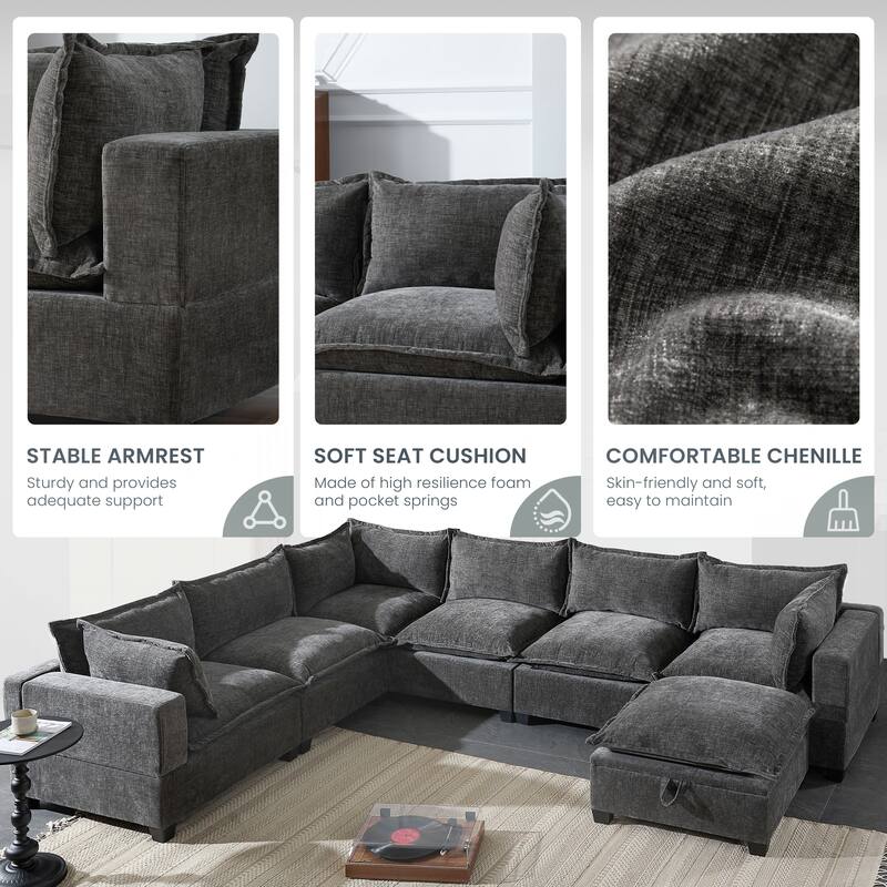 U Shaped Modular Sectional Sofa with Movable Storage Ottoman, Comfy Chenille Deep Seat Cloud Couch, Oversized 7 Seat Corner Sofa