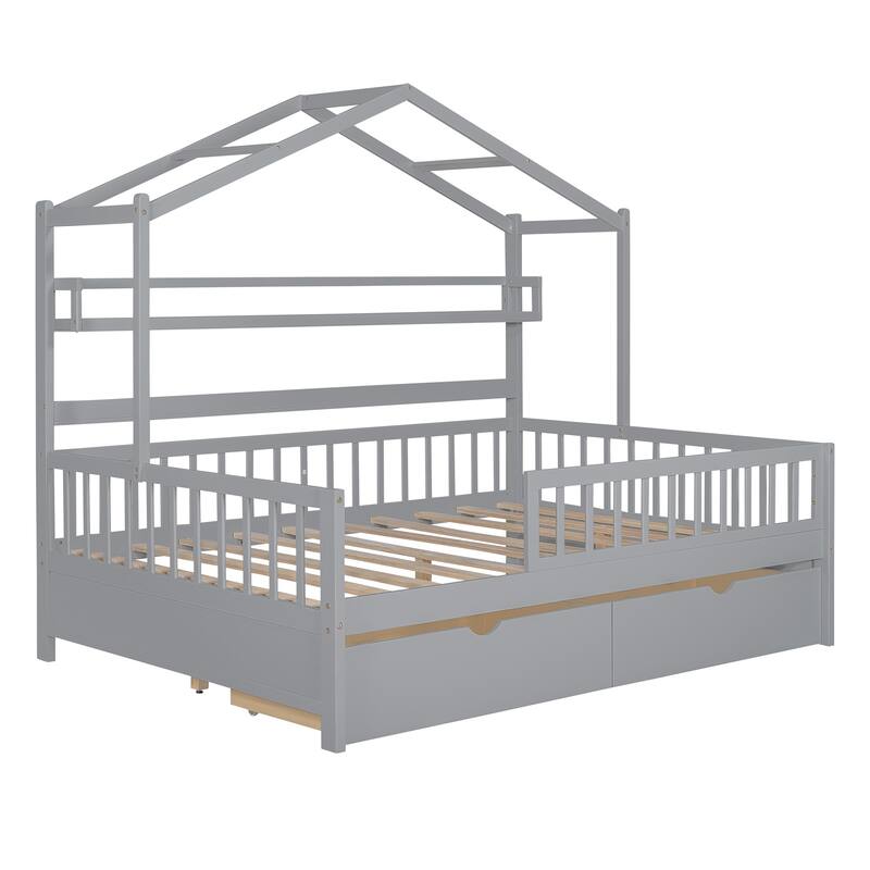 Pine House Bed with Roof, Drawers, and Shelf