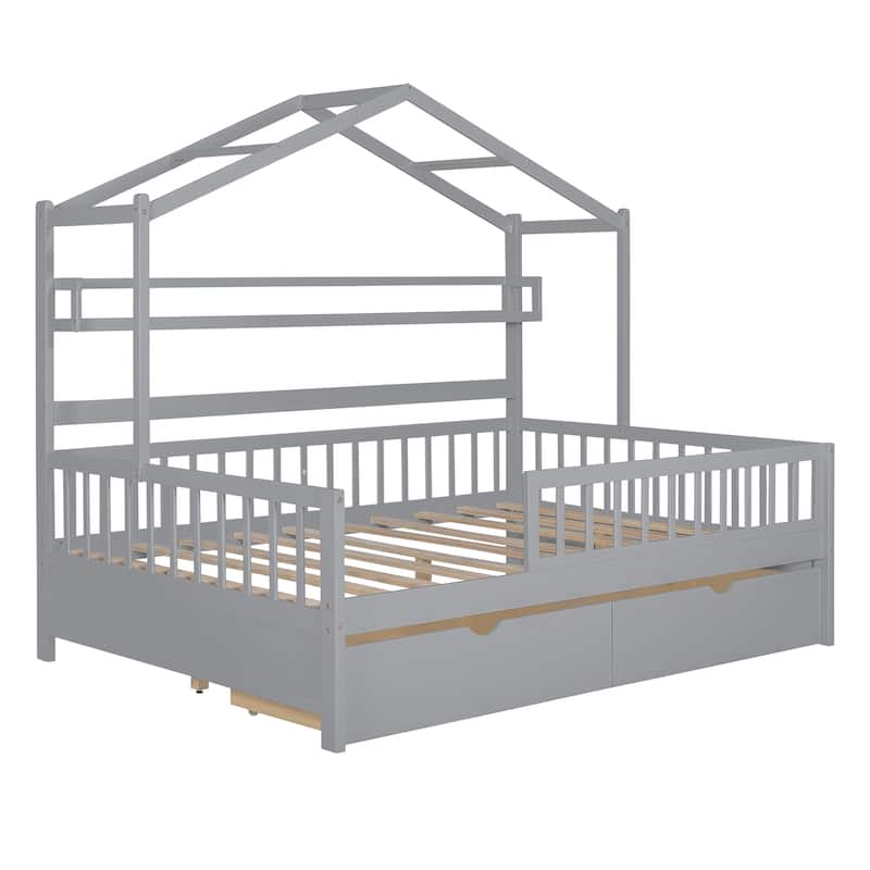 Wood House Bed with 2 Drawers, Kids Bed with Storage Shelf