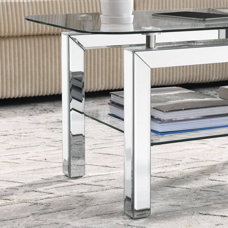 Rectangle Tempered Glass Coffee Table, Tea Table for Waiting Room, Modern Side Coffee Table with Mirrored Stainless Leg