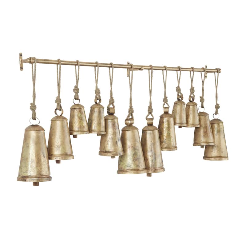 Metal Tibetan Inspired Decorative Cow Bells with 12 Bells on Jute Hanging Rope and Metal Rod - Bronze - Roche River Decor