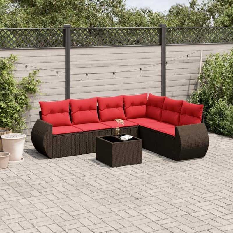 vidaXL Patio Sofa Set with Cushions Outdoor Conversation Furniture Poly Rattan - 24.4 x 24.4 x 27.2 - Brown-With table