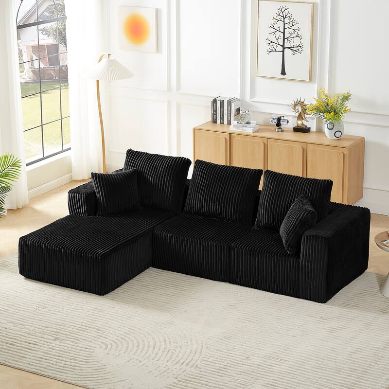Corduroy Modular Deep Seat Couch with Chaise L-shaped Sectional Sofa Convertible into Sleeper Sofa Bed with Pillows - Black