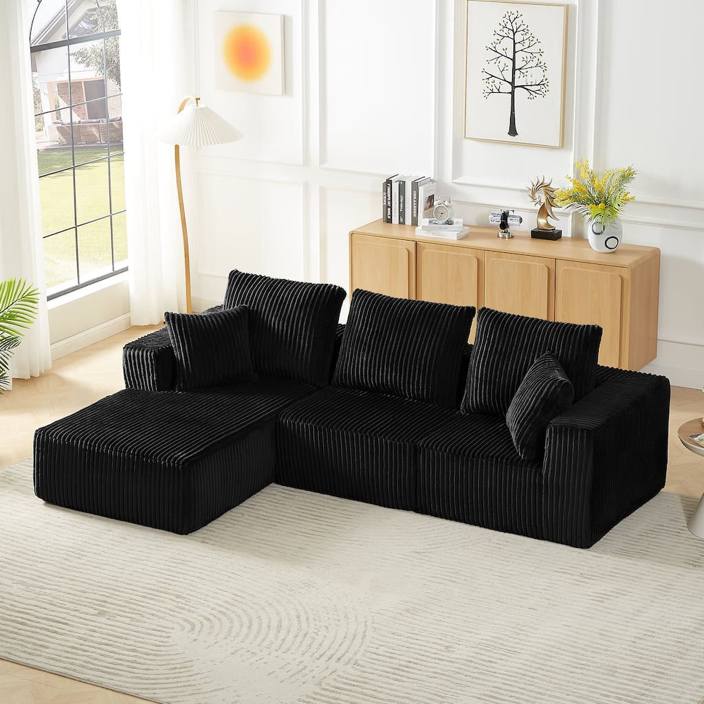 Corduroy Modular Deep Seat Couch with Chaise L-shaped Sectional Sofa Convertible into Sleeper Sofa Bed with Pillows