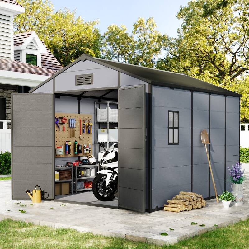 EROMMY Outdoor Storage Shed with Built-In Floor, Lockable Double Doors & Sloped Roof, Gray/Black