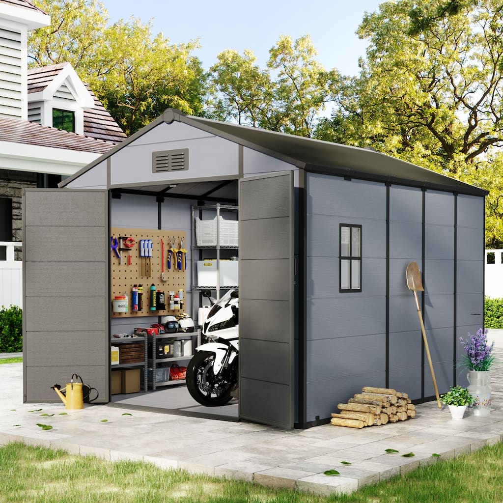 Erommy Outdoor Storage Shed with Built-In Floor, Lockable Double Doors & Sloped Roof