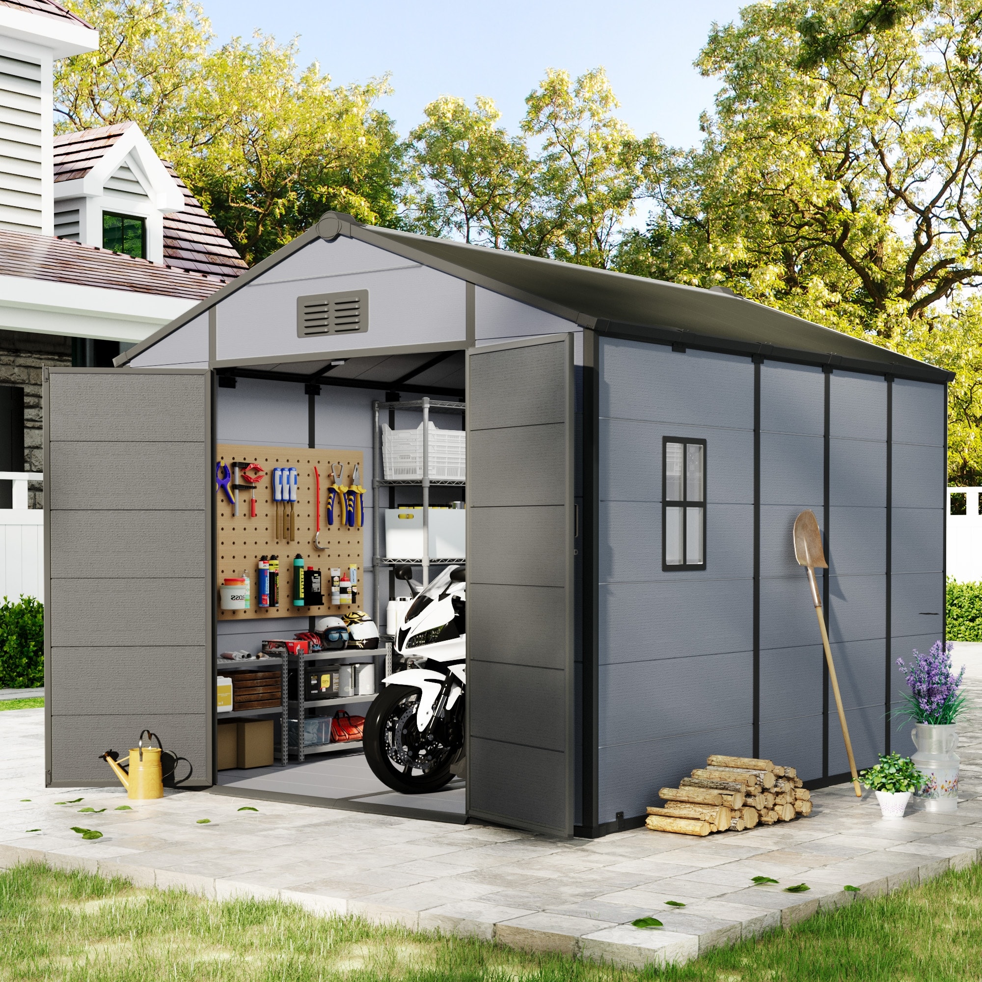 Outdoor Storage Shed with Built-In Floor, Lockable Double Doors & Sloped Roof
