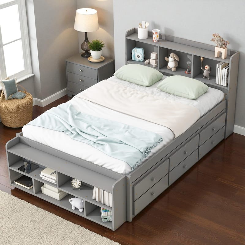 Full Size Wooden Storage Bed with Bookcase Headboard, 6 Drawers, and Bed-End Storage Case