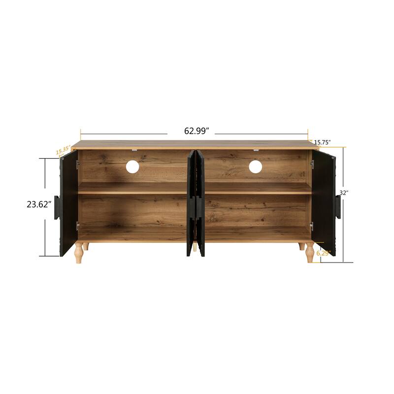 Black+Natural 62.99" Accent TV Stand Cabinet with Carved Pattern Door, Storage Shelf, and Solid Wood Leg for Living Room
