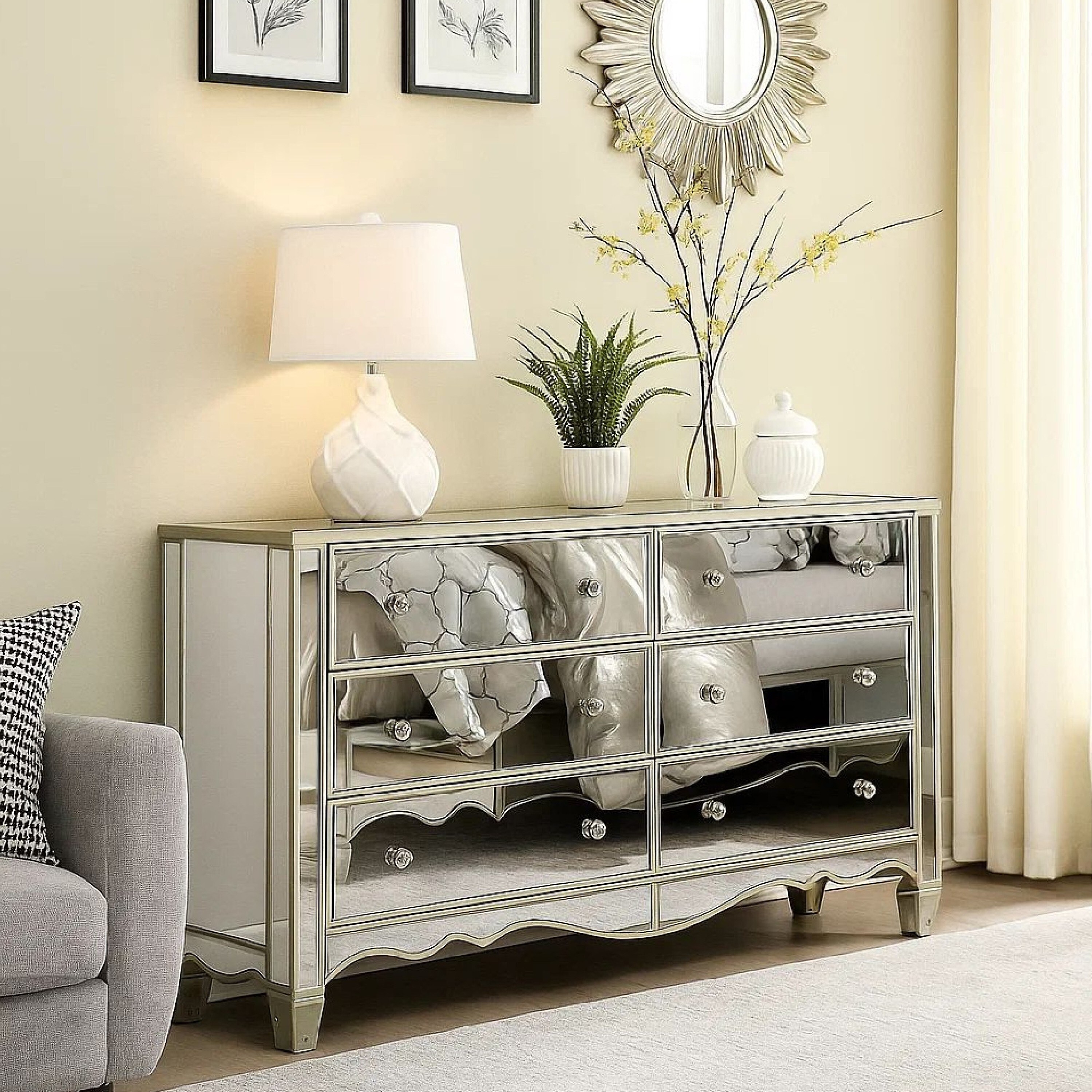 Benjara Dresser with Crystal Knobs and Mirror Panels, Silver - Bed Bath & Beyond