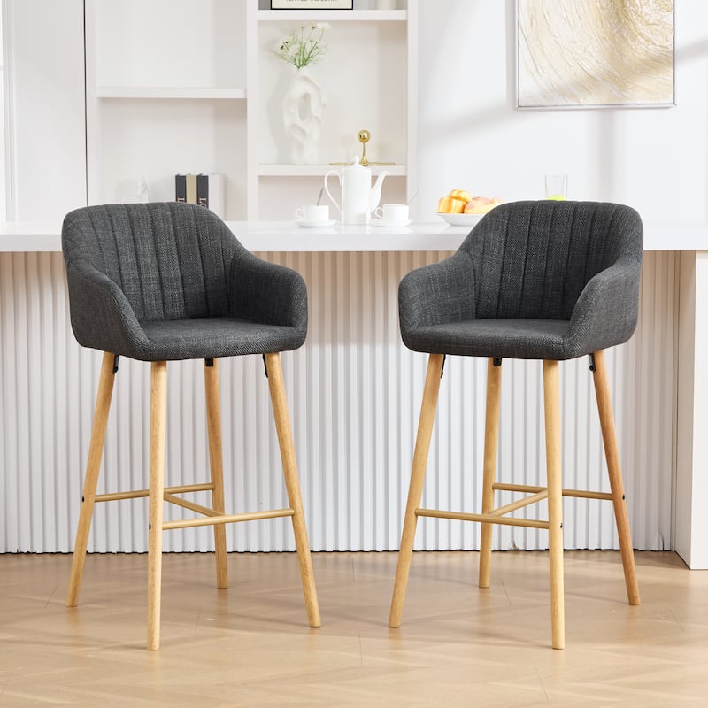 Modern Bar Stools Set of 2, Kitchen Island Tall Chairs with Back, Arm, Footrest and Solid Wood Leg, Upholstered Bar Stools