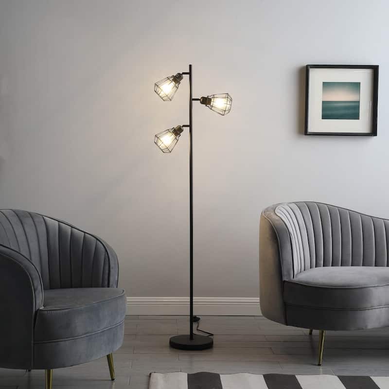 Black Metal Tree Floor Lamp with Cage Shades, Edison Bulbs and Foot Switch - 18” x 10” x 65.5” (D x W x H)