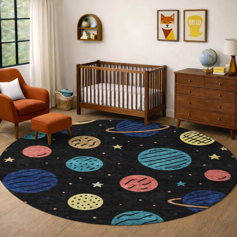 Machine Washable Indoor/ Outdoor Modern Planets Chantille Rug