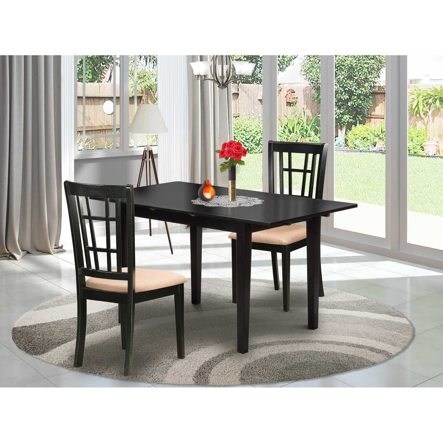 HomeStock 3-Pc Black Finish Rectangular Solid Wood Top with Butterfly Leaf Dining Table Set