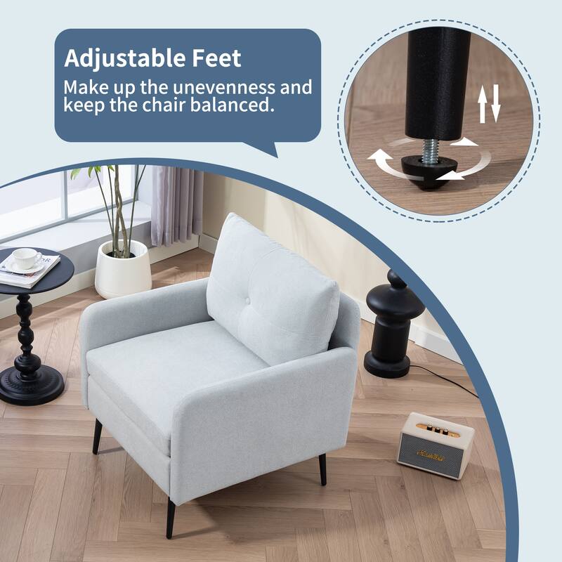 Mid-Century Modern Accent Chair with Black Metal Legs Woven Linen-Look