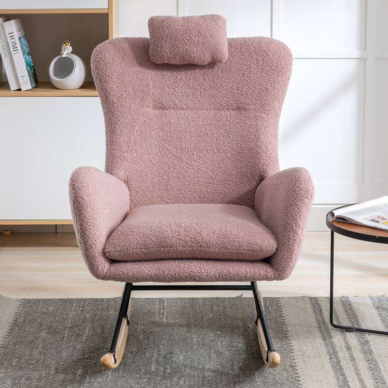 Teddy Fabric Wingback Rocking Chair for Nursery with Safe Solid Wood Base