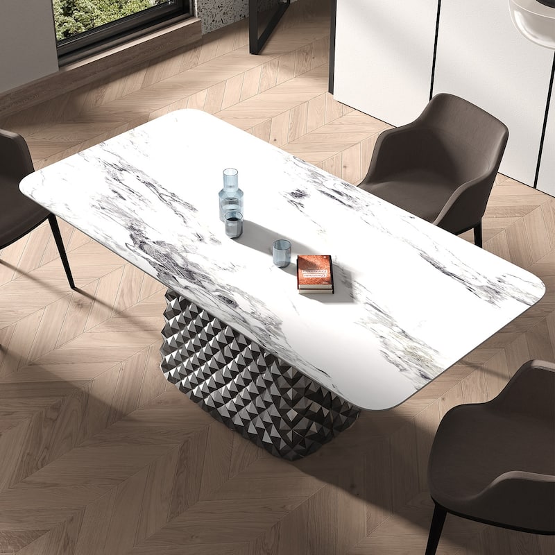 Modern Rectangle Stone Stainless Steel Hydrographic Mirror Pedestal Dining Table