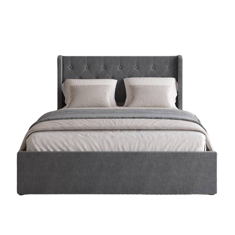 Full/Queen Size Bed Frame with 4 Storage Drawers, Wingback Headboard - Dark Gray - Full
