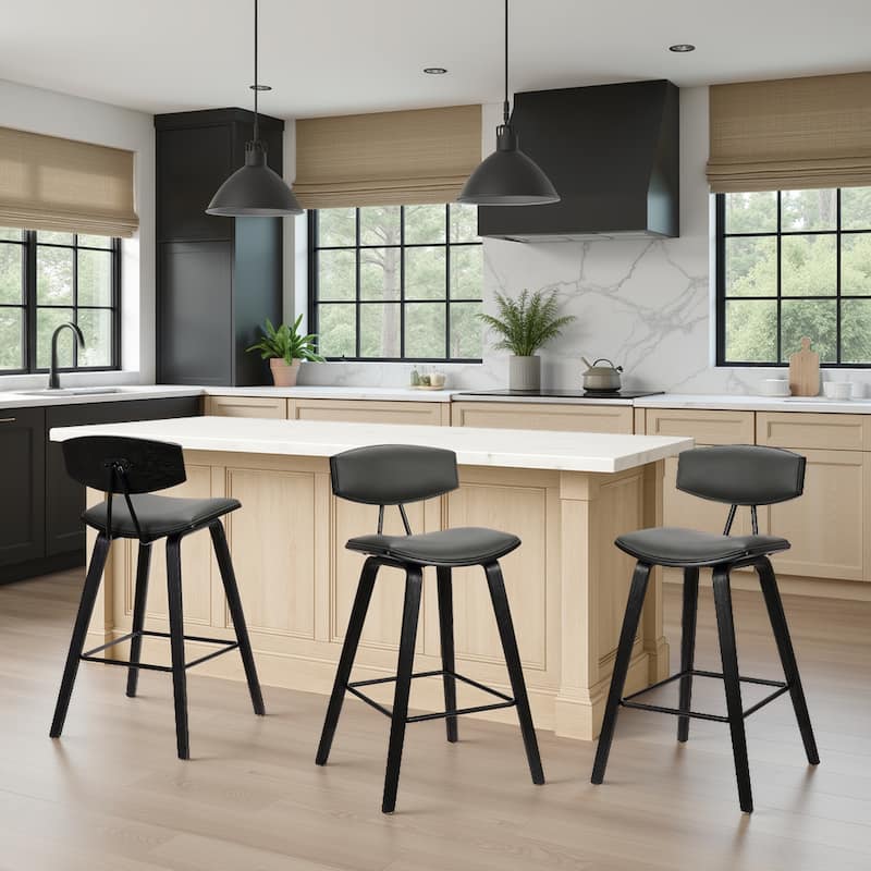 Fox Mid-Century Bar Stool, Upholstered Counter Height Chair with Bentwood Legs - Set of 3 - Grey & Black - Counter Height