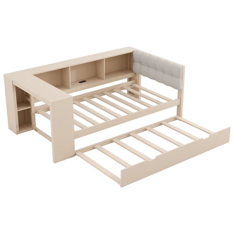 Upholstered Sofa Bed, Wood Daybed, L-shaped Bed Frame with Desk, Shelves, Charging Station, and Optional with Trundle or Drawers