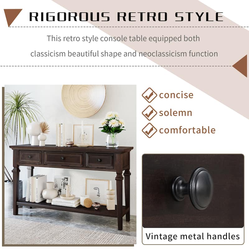 Classic Console Table with 3 Top Drawers and Open Style Bottom Shelf