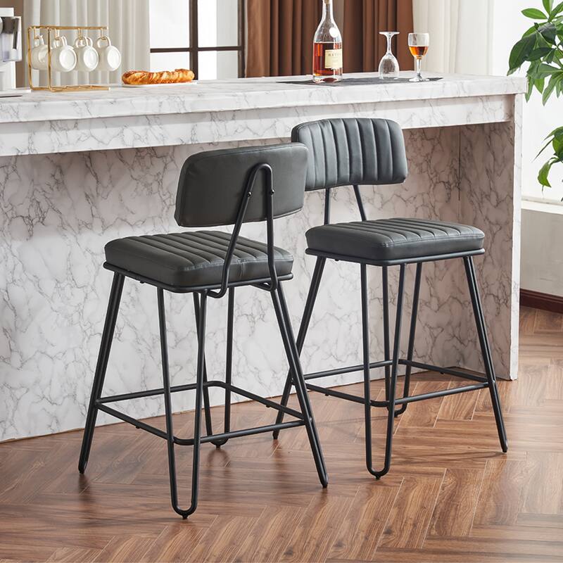 Industrial Bar Stools Set of 2, Counter Height Chairs with PU Leather Upholstery & Metal Frame, Backrest & Footrest