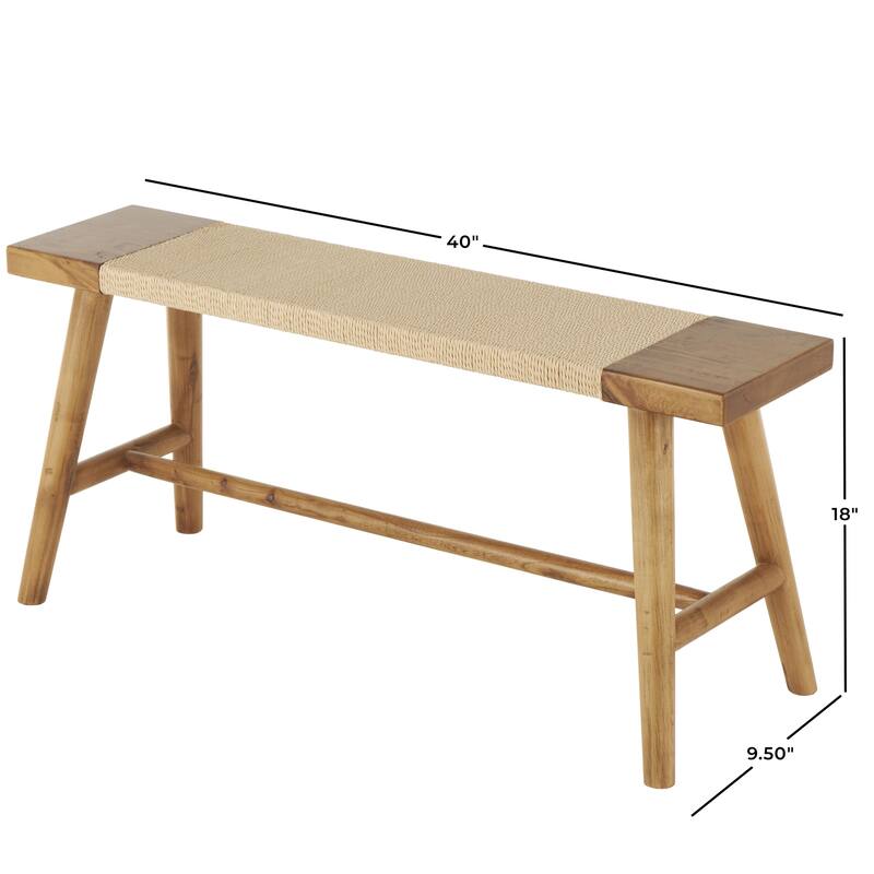 Brown Wood Handmade Traditional Home Bench with Rope Wrapped Seat