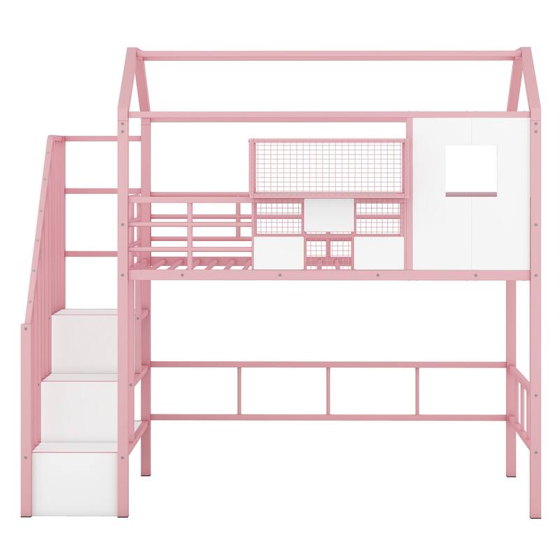 Metal Loft Bed with roof design and a storage box, Twin, Pink