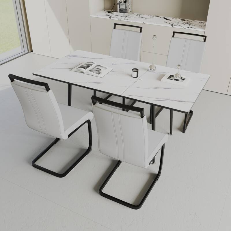5-Piece Expandable Dining Table Set with C-shaped Tubular Cushioned Armless Chair, Scratch Resistant Plastic Feet - White