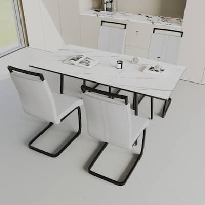 5-Piece Expandable Dining Table Set with C-shaped Tubular Cushioned Armless Chair, Scratch Resistant Plastic Feet