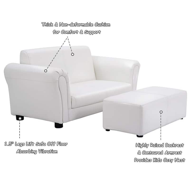 Kids Double Sofa with Ottoman-White - 32.5" x 16.5" x 16" (L x W x D)