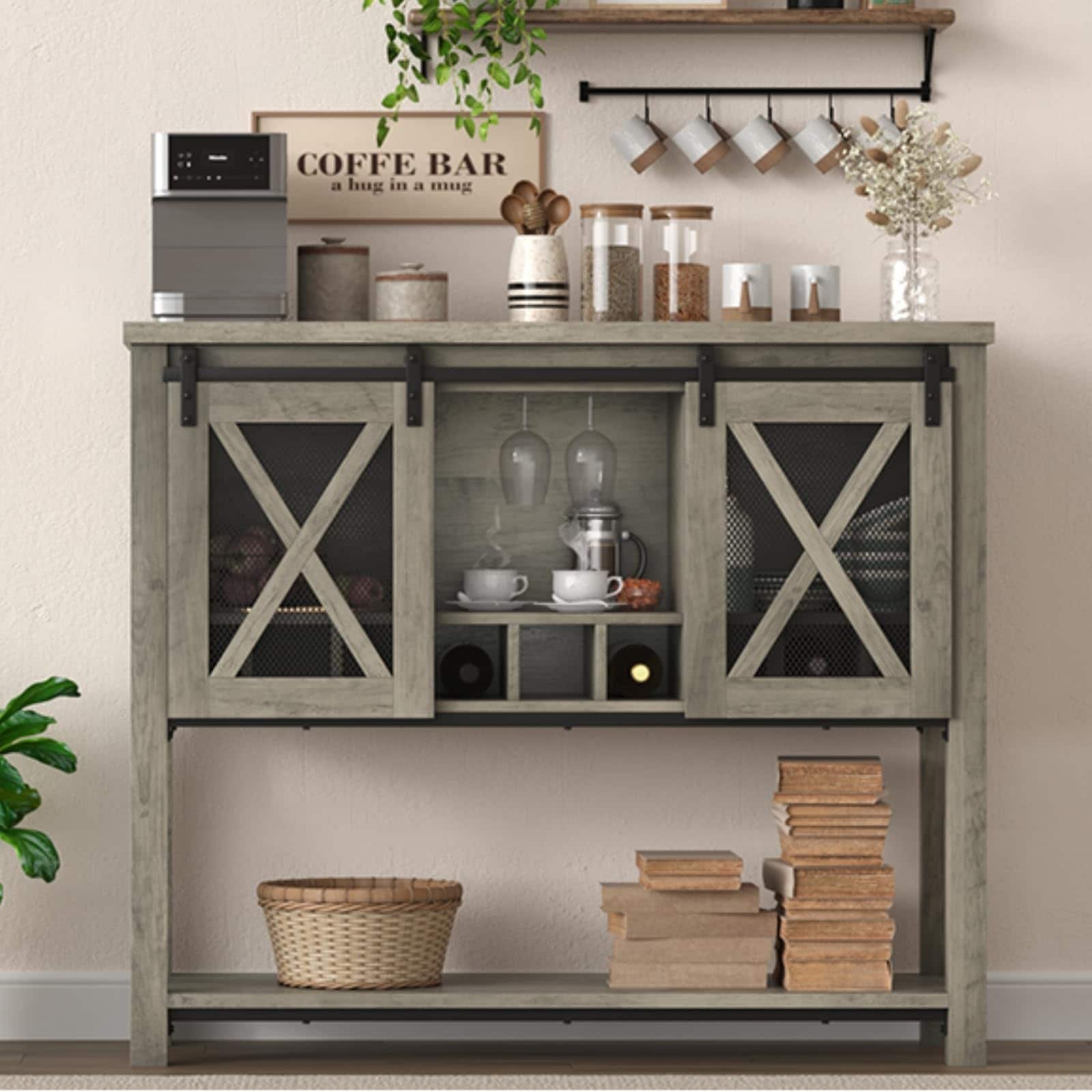 Coffee Bar Cabinet, Farmhouse Sideboard Buffet with Wine Glass Rack & Liquor Storage