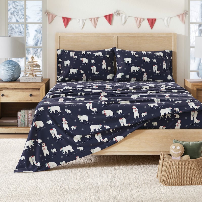 Linery & Co. Christmas Turkish Cotton Double-Brushed Flannel Bed Sheet Set - California King - Navy Polar Bears