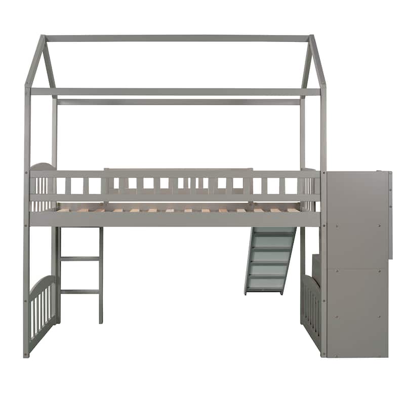 Twin Loft Bed with Two Drawers and Slide, House Bed with Slide, Gray (Old SKU: LP000130AAE)