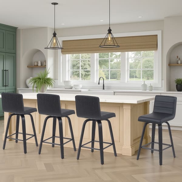 slide 2 of 80, Skara Mid-Century Swivel Counter Stool, Upholstered Counter Height Chair with Bentwood Legs Set of 4 - Black Faux Leather & Black