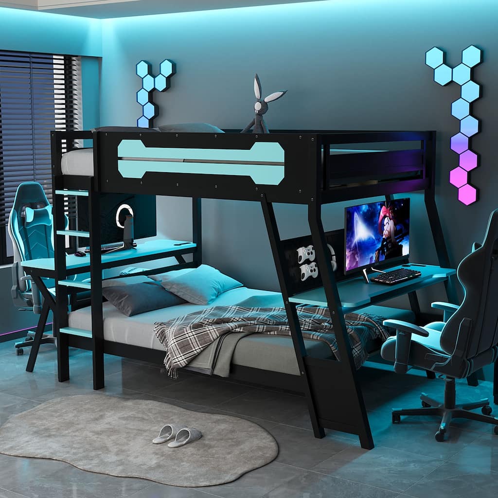 E-sports Inspired Bunk Bed with 2 Built-In Gaming Desks, USB Desktop Ports and Pegboard Organizer, Bunk Frame for Teens Gamer